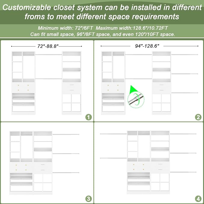 Besiost Closet System, Up to 128.6"/10.7 FT Closet Organizer with 4 Wooden Drawers and Shelves, Walk-in Closet System with 6 Hanging Rods, Built-in Closet Can Fit 96"/8FT, 120"/10FT, White Set 2
