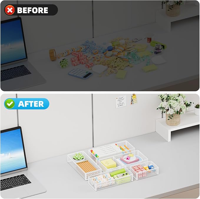 Marbrasse 5 Pack Desk Drawer Organizer Set, Mesh Drawer Storage Trays with 1 Adjustable Divider, Desk Organizers and Accessories, 5 PCS Drawer for Office Supplies, Makeup & Vanity (White)