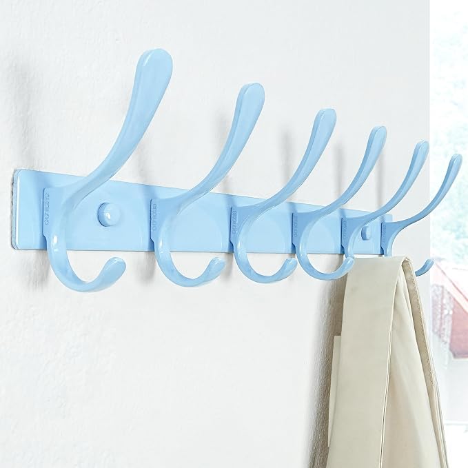 SKOLOO Heavy Duty Wall Mounted Coat Rack - 6 Hooks, Stainless Steel, Pack of 2, Sturdy Coat Hooks for Hanging Clothes, Jacket, Hat, Blue