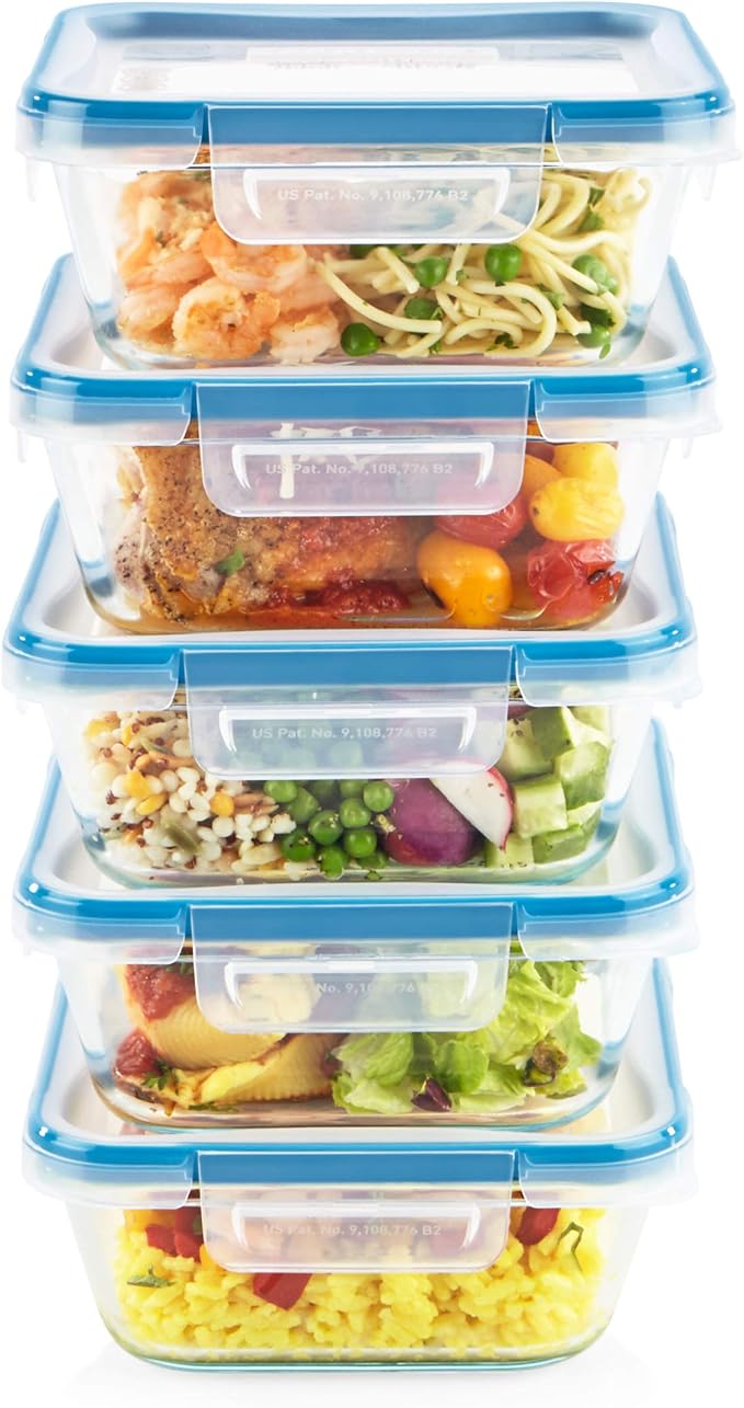 Snapware Glass Total Solutions (5-Pack, 4 Cup) Food Storage Containers Set, Airtight & Leakproof Plastic Locking BPA-Free Lids, Freezer Dishwasher Microwave Safe