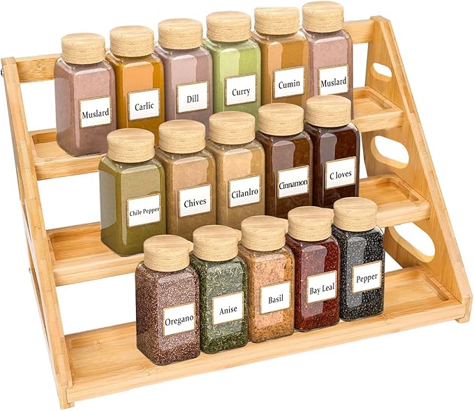 Spice Rack - Tiered Spice Rack Organization for Cabinet - 3 Tier Bamboo Display Spice Shelf for Countertop