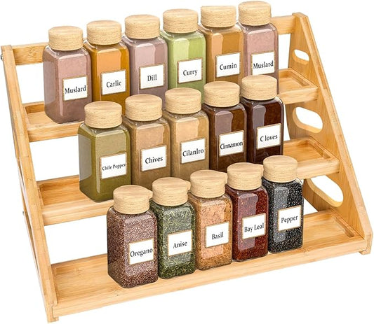 Spice Rack - Tiered Spice Rack Organization for Cabinet - 3 Tier Bamboo Display Spice Shelf for Countertop