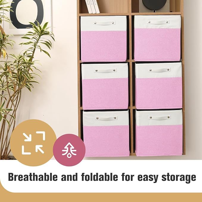 FinishingBo 13x13x13 Storage Cube Bins 6 Pack, Cube Shelf Baskets | Foldable Storage Cubes, Linen Storage Bins with Handles, Closet Organizers, White/Pink