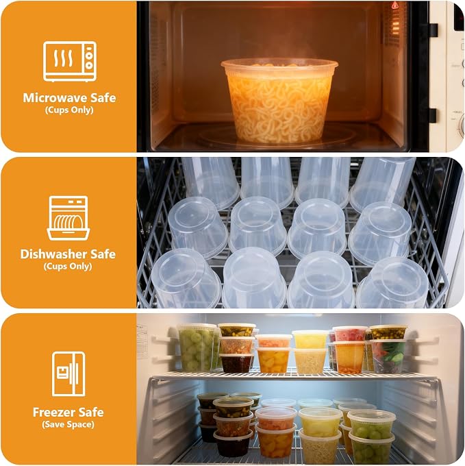 72 Sets (144-Piece) Deli Containers with Lids, 32/16/8 oz X 24 Set Each, Leak-Proof & BPA Free Airtight Takeout Plastic Food Storage Containers for Soup, Meal Prep,Microwave/Freezer Safe