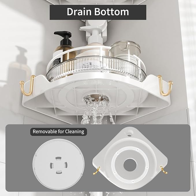 akinbas 360° Rotating Shower Caddy Tension Pole with 4-Tier Rustproof Lazy Susan 35-128 Inch No Drilling Coner Shelves Adjustable Shower Rack for Bathroom Bathtub Washbasin Plant Storage (White)