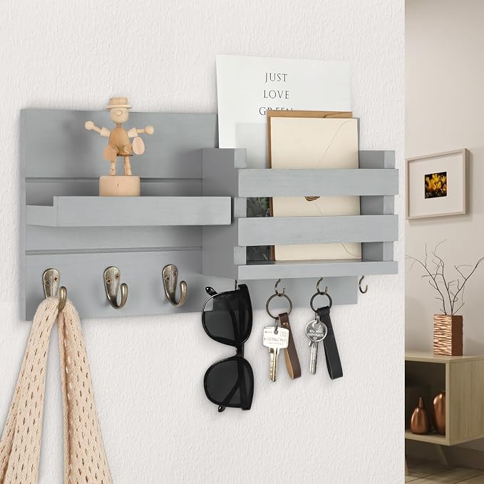 Lwenki Mail Organizer for Wall Mount – Key Holder with Shelf Includes Letter Holder and Hooks for Coats, Dog Leashes – Rustic Wood with Flush Mounting Hardware (16.5” x 8.7” x 3.5”) (Gray)