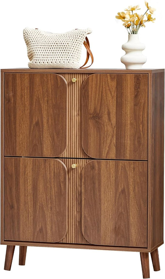 BERRYMERRY Shoe Storage Cabinet with 2 Flip Drawers with Fluted Recessed | narrow,entryway,16 pairs shoe,shoe organize,hidden shoe rack,fluted panel,wave pattern,wood,space saving