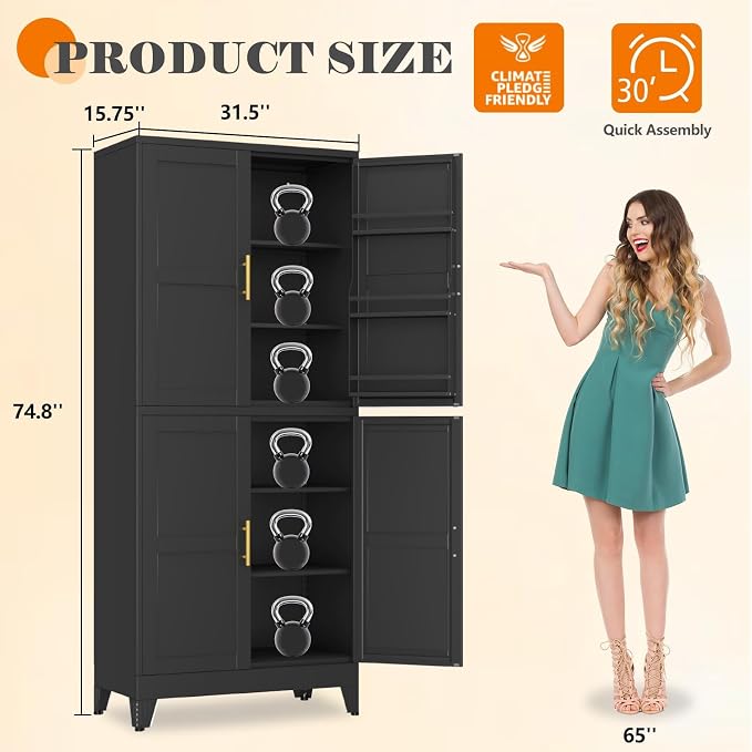 GAIOUS 74.8" Tall Metal Food Cabinet, Black Kitchen Pantry Cabinet Cupboard | Food Storage, Kitchen Organizer, Storage Cabinet with 4 Door and 4 Adjustable Shelves, Steel Freestanding, for Dining Living