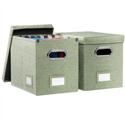 File Organizer Box - Set of 2 Collapsible Decorative Linen Filing Storage Hanging File Folders with Lids Office Cabinet Letter Size Green (14x9.3x10.8 inch)