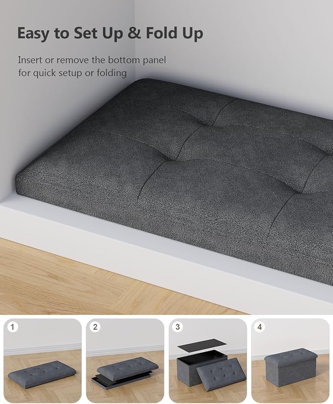 Folding Storage Ottoman Bench, Dark Gray, 30 Inches | Multi-Functional Ottoman Foot Rest, End of Bed Bench, Storage Chest, Living Room, Bedroom, Hallway, Entryway, 600 lb Capacity
