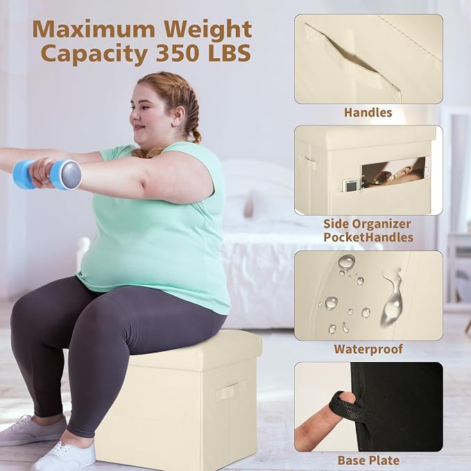 BelugaHelper Storage Ottoman Foot Rest Stool, Folding Leather Footstool Bench with Thicker Foam Padded Seat. Short Foot Stool Ottoman with Storage for Living Room Bedroom 350 lbs, 17x13x13in, Beige | Ottoman Foot Rest Stool with Thicker Foam Padded Sea...