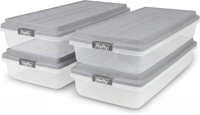 Hefty 63 Qt Hi-Rise Storage Bin with Lid, Stackable Plastic Storage Container, Organizer for Home, Garage & Closet, 4 Pack, Gray