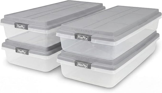 Hefty 63 Qt Hi-Rise Storage Bin with Lid, Stackable Plastic Storage Container, Organizer for Home, Garage & Closet, 4 Pack, Gray
