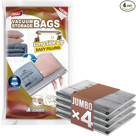 TAILI 4 Pack Vacuum Storage Bags, Jumbo LONG SIDE ZIP(39x28 inch), Clear | Vacuum Seal Bags for Clothing, Space Saver for Beddings, Comforters, Blankets, Pillows