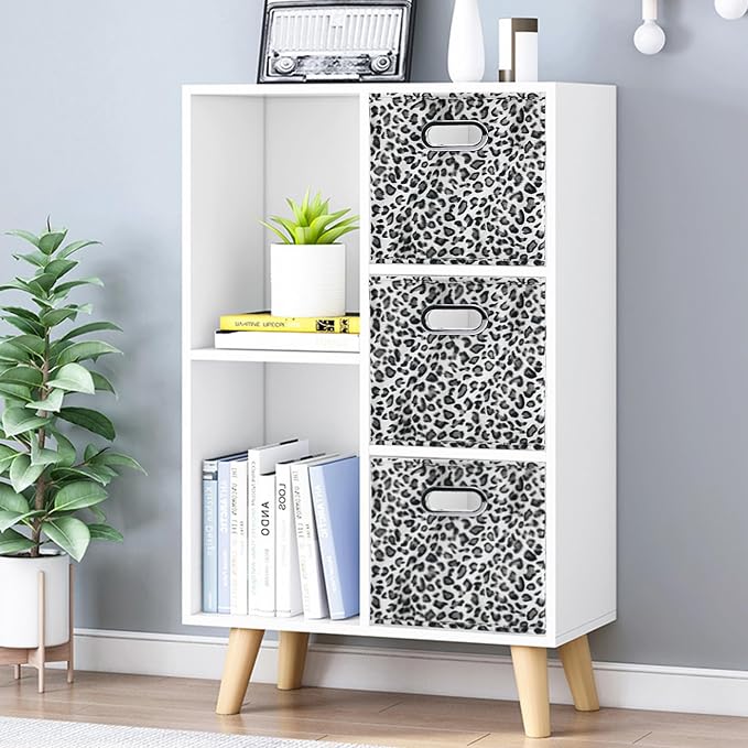 ANMINY Leopard Cheetah Print Storage Cubes Bins, Velvet, Gray, 11Inch 8PCS | Collapsible & Washable, PP Board Frame, Built-in Metal Handles, Animal Themed Fabric Cubes Baskets for Closet Shelves Decor
