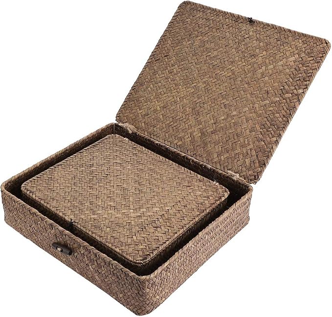 Hipiwe Set of 2 Flat Woven Wicker Storage Bins with Lid Seagrass Basket | Natural Decorative Baskets Multipurpose Home Boxes for Shelf Organizer Home Decor (Coffee)