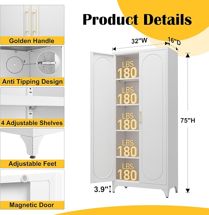 Steeloong 75"Metal Pantry Storage Cabinet with Doors & 4 Adjustable Shelves | Kitchen Pantry Cabinet,White Tall Pantry Cabinet for Kitchen Storage,Storage Cupboard for Living Room,Pantry,Garage,Bathroom