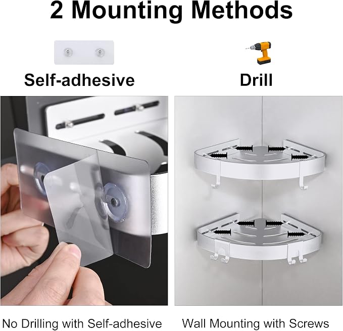 DUFU Adhesive Corner Shower Caddy with Hooks, Silver, 2 Pack | Bathroom Shower Organizer, No Drilling, Rust Proof Aluminum Shower Shelf For Inside Shower