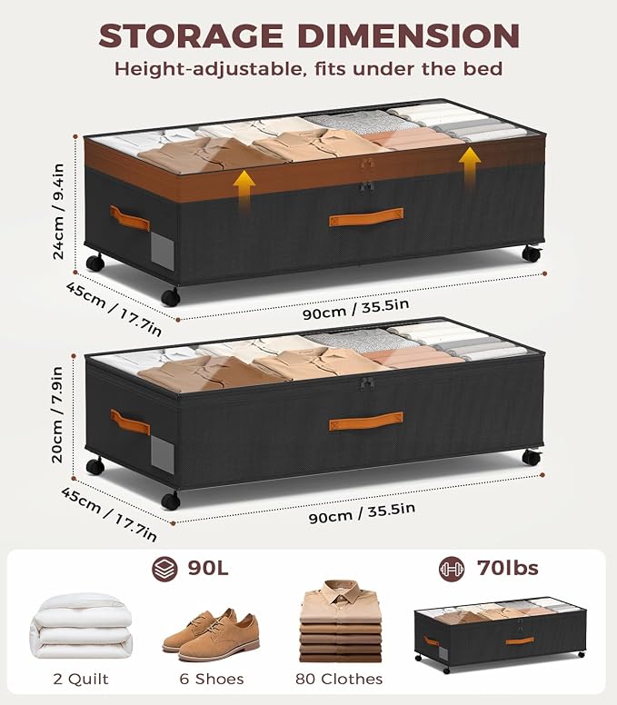 Under Bed Storage with Wheels, 35.5 inches Underbed Storage Large Capacity Under Bed Rolling Containers, 2 Pack Under the Bed Storage for Clothes, Shoes, Blankets (Deep Black)
