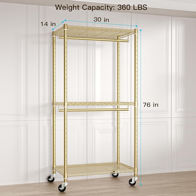 FUTASSI P1 Medium Heavy-Duty Portable Closet, 30" W x 14" D x 76" H, Gold | Metal Rolling Clothing Rack, Closet System with Wheels and Shelves for Hanging Clothes, Portable Wardrobe Organizer Storage