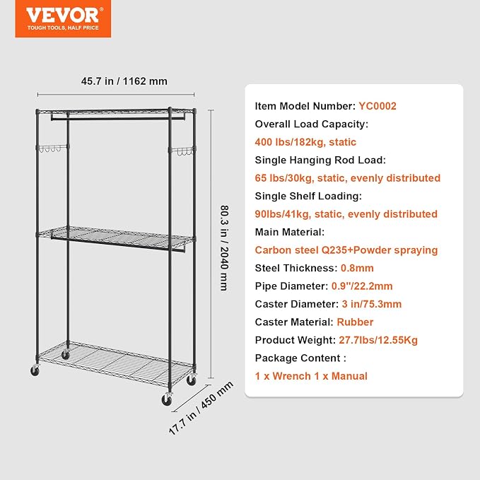 VEVOR Clothing Garment Rack, Heavy Duty Closet Wardrobe, Adjustable Tiers Clothes Racks with Steel Frame, for Bedroom, Clothing Store, Hallway