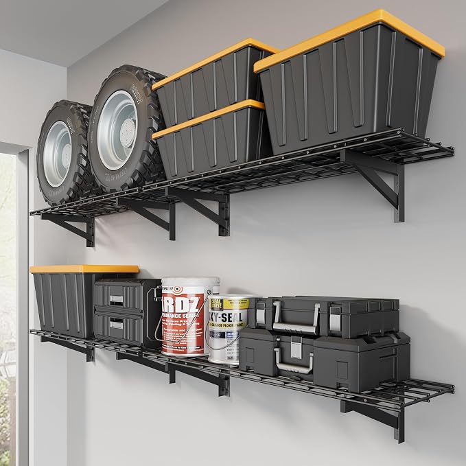Jusgym 4 Pack Wall Mounted Garage Shelving, 1x4ft, 1400lbs Integrated Grid | Wall Mounted Floating Design, 12"x96" Storage Rack, No Splice Seamless Structure, Rustproof Black Coating for Garage Workshop