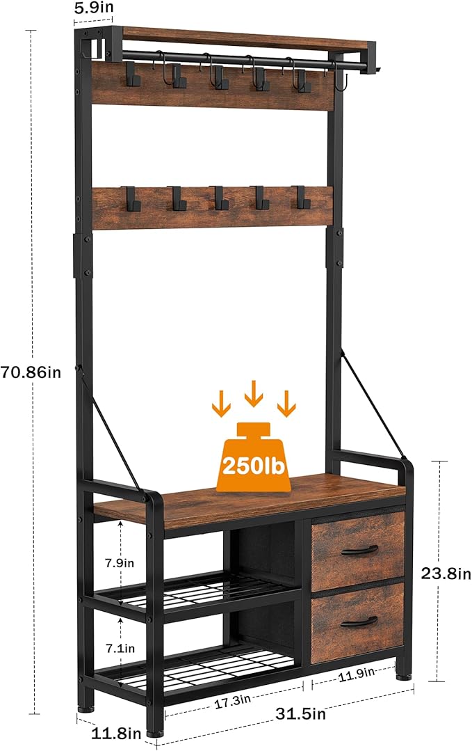Hall Tree with Bench and Shoe Storage, 31.5” Coat Rack Freestanding | Rustic Brown, 5 in 1 Intelligent Design, 17 Hooks, 2 Drawers, Handy Clothes Rail