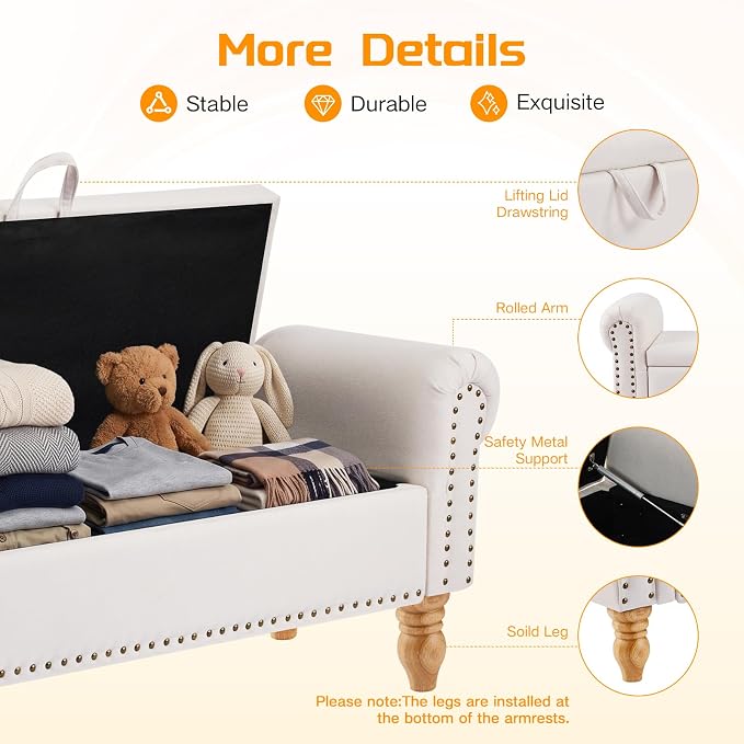 55" Storage Bench, End of Bed Bench with Rolled Arm and Nailhead Trim, Upholstered Bedroom Bench with Storage, Ottoman Bench for End of Bedroom, Living Room, Entryway (Beige Linen)