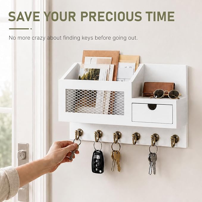 FifthQuarter Key Hanger Wall Mount with Drawer and 6 Sturdy Key Hooks | Wooden Entryway Organizer and Decorative, Easy Installation
