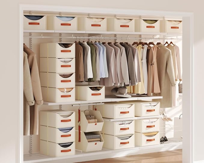 Homsorout Stackable Storage Drawers - Collapsible Storage Bins with Drawers, 4 Pack Closet Shelf Organizer Basket, Fabric Pull Out Organizer for Bedroom, Living Room, Dorm, Beige
