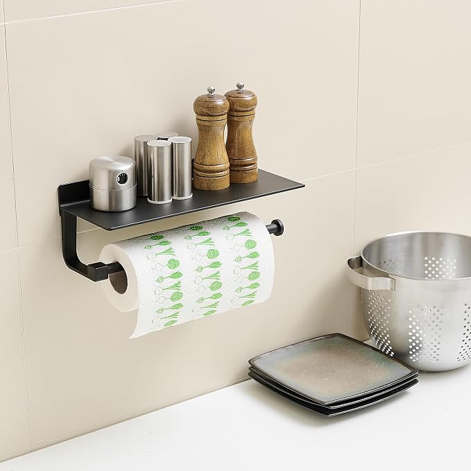 Hand Towel Holder for Bathroom -Paper Towel Holder Wall Mount - for Bathroom Black Paper Towel Holder with Shelf -Kitchen Towel Holder Black