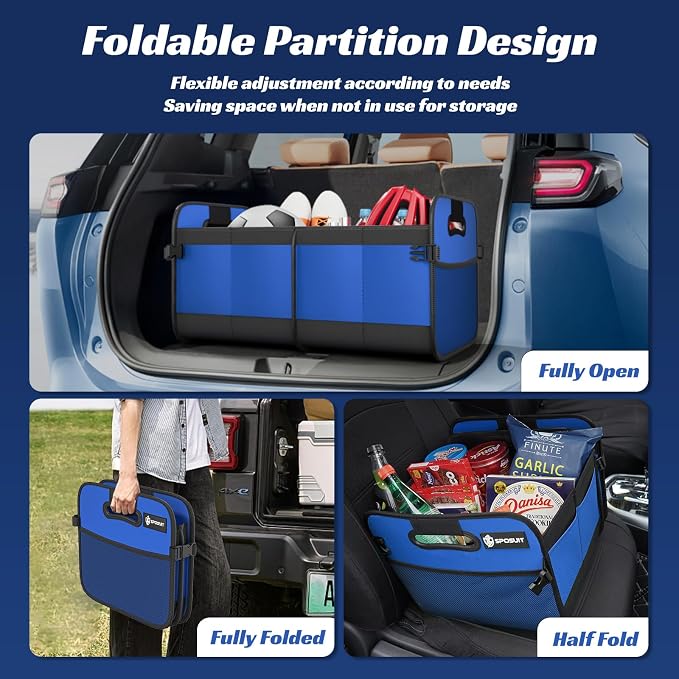 Sposuit Trunk Organizer for Car - 70L Collapsible Sturdy Car Storage, Blue | 11 Pockets & Reinforced Handles, Large Capacity, SUV Trunk Organizers for Grocery Cargo, Non-Slip Bottom
