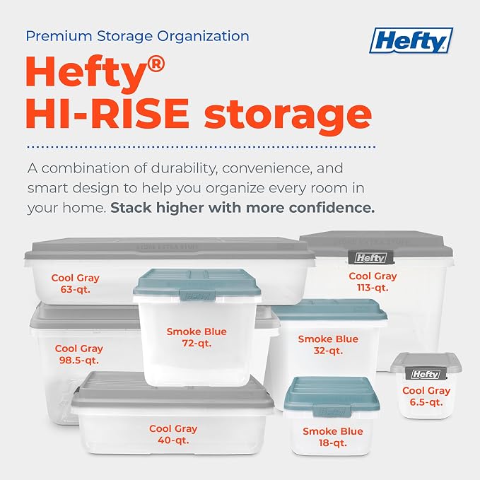 Hefty 63 Qt Hi-Rise Storage Bin with Lid, Stackable Plastic Storage Container, Organizer for Home, Garage & Closet, 4 Pack, Gray