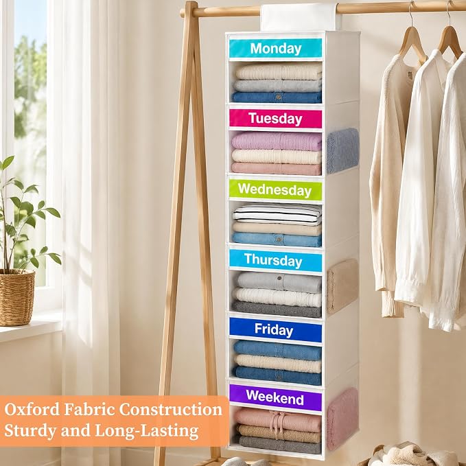Weekly Clothes Organizer for Closet, 6-Shelf Hanging Closet Organizer with 6 Side Pockets(White)
