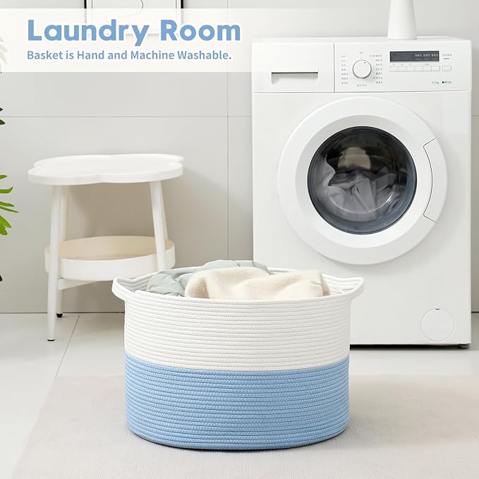 Foldable Laundry Hamper Basket with Collapsible Handle Cotton Rope Soft Woven Fabric Storage Organizer Clothes Toys Nursery Bedroom Dorm Space Saving Bin (White & Blue, 65L(19.7"D x 12.6"H))
