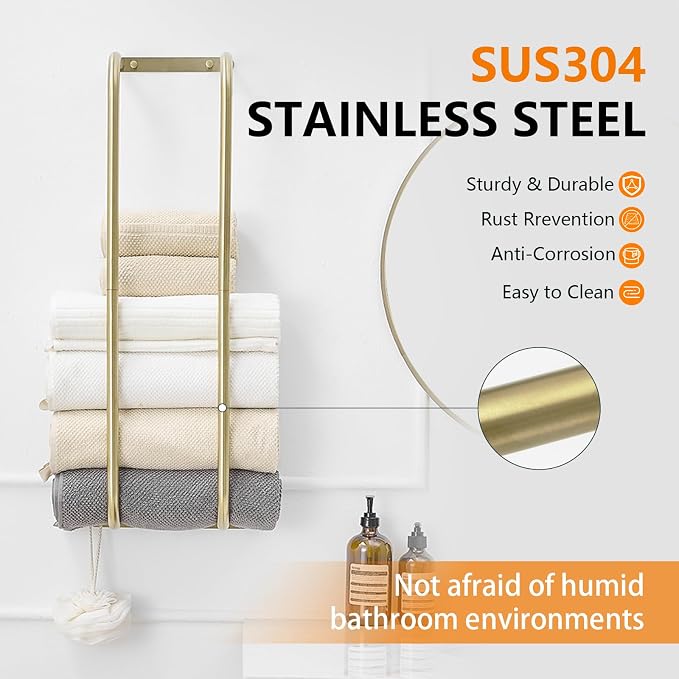 BWE Brushed Gold Towel Racks for Bathroom Wall Mounted for Rolled Towels | Bathroom Towel Rack Storage Stainless Steel Vertical Towel Holder Bathroom Organizer Space Saving for Bedrooms Hotels