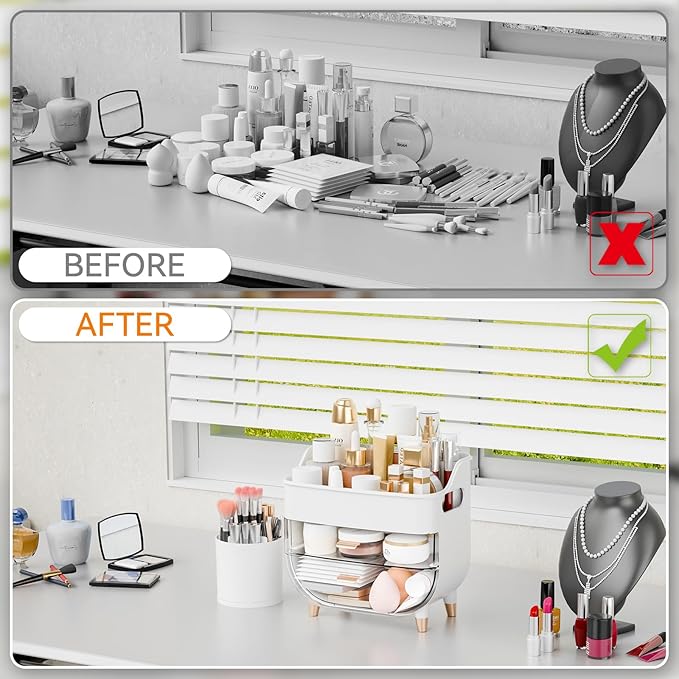 White Make up Organizers for Counter,Vanity and Dresser,Bathroom Makeup Organizer Countertop,Large Makeup Storage Organizer for Hair Tool,Beauty Products,Skin Care and Cosmetic Display Cases