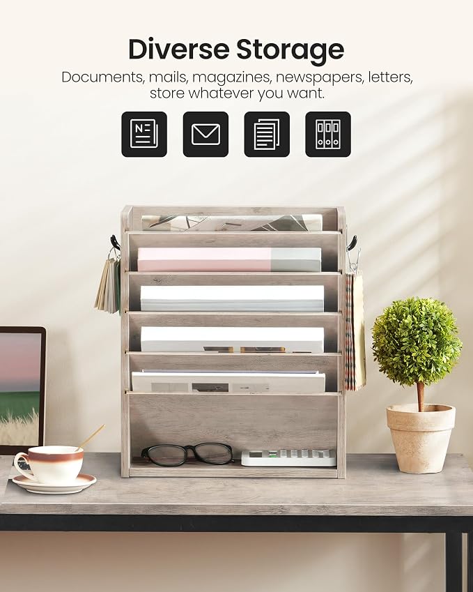 CHOEZON Wall File Organizer, 6-Tier Vertical Mount Hanging Holder with 2 Side Hooks, Modern Wooden Magazine Storage Holder with Bottom Tray, Desk Organizer, for Office, Home, Greige MWJ01FH