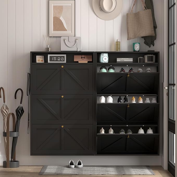 Modern Enclosed Shoe Rack, 3 Flip Drawer Shoe Storage with Open Top Shelf & Hooks, Slim Wall Mounted Shoe Cabinet for Small Space, Thin Storage for Shoes, Anti-Tip Design, Black