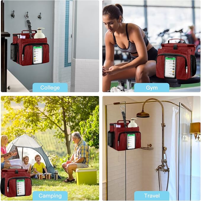 Bukere Portable Shower Caddy College Dorm Room Essential, Shower Caddy Tote Bag for Student, Girl, Women, Separate Compartment, Large Capacity, Quick Dry Mesh Base for Travel, Gym, Camp, Red