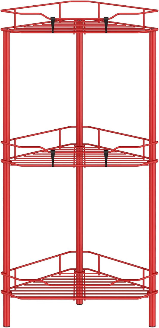 HuggieGems 3 Tier Floor Standing Corner Shower Caddy Organizer Shelf with Hooks, Bathroom Shelves Stand Rack, Red