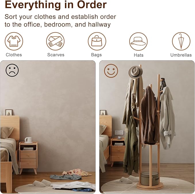 Muwuele Solid Wood Rotary Coat Rack, Freestanding Coat Rack with 3 Shelves and 9 Hooks, Coat tree for Bedroom, Entryway, Livingroom, Coat Hanger Stand for Coats, Scarves, Handbags (Natural)