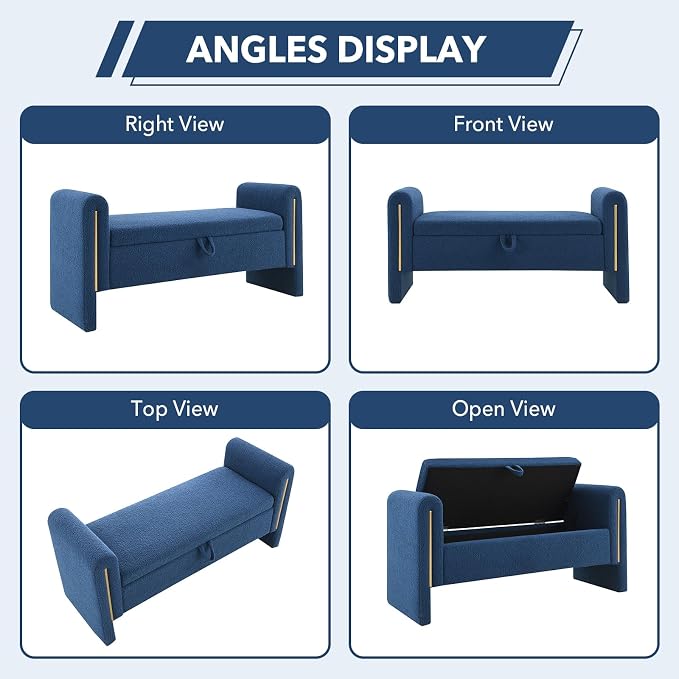 52" Flip-Top Storage Ottoman Bench, Teddy Entryway Bench (Blue) | Teddy Fleece Upholstered End of Bed Bench with Armrests, Soft Padded Window Bench for Living Room Bedroom Entryway