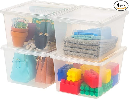 IRIS USA 4-Pack 25 Qt Storage Bins with Lids, Clear, Stackable | Great for clothing, linens, closets and home organization, nestable design, transparent design makes contents easy to find