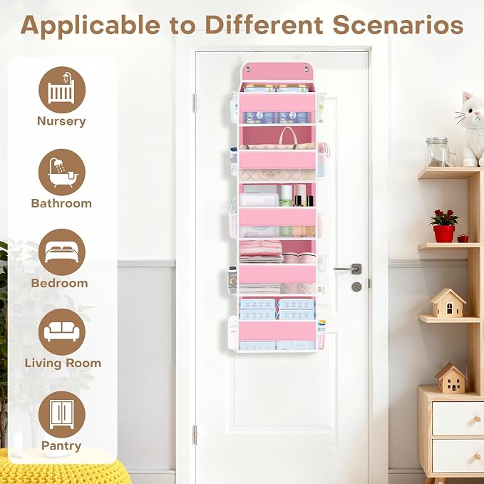 Over the Door Organizer, 5 Large Pocket Hanging Storage with 40lb Capacity | Space Saving Door Storage for Nursery, Bathroom, Bedroom and Closet, Baby Essentials and Toiletry Organizer, Pink
