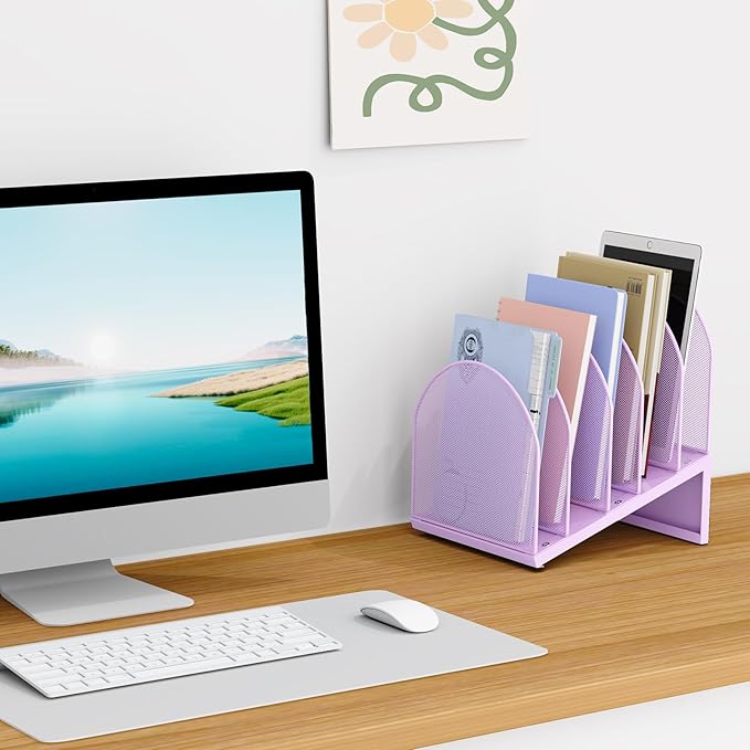 5-Section Desk File Organizer | Metal Mesh Folder Organizer for Documents, Mail & Office Papers (Purple)