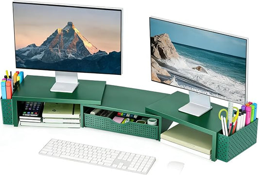 Spacrea Metal Desk Organizers and Accessories, Dual Monitor Stand Riser with Drawer and 2 Pen Holders, Desk Accessories & Workspace Desktop Organizers for Office Supplies (Dark Gree)