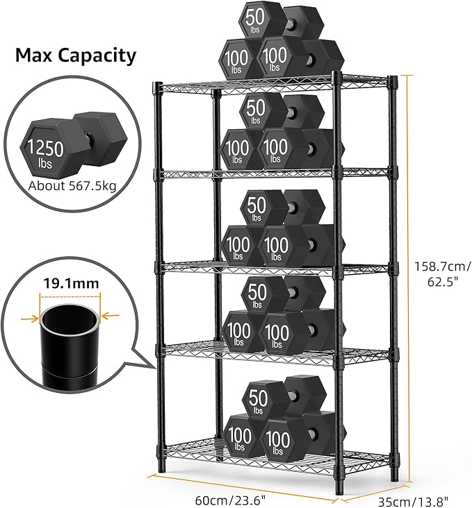 M MZG 1250 lbs Storage Shelving Utility Shelving Unit 5-Tier Utility Shelving Unit Steel Organizer Wire Rack for Home,Kitchen,Office (13.7" D x 23.6" W x 62.4" H)