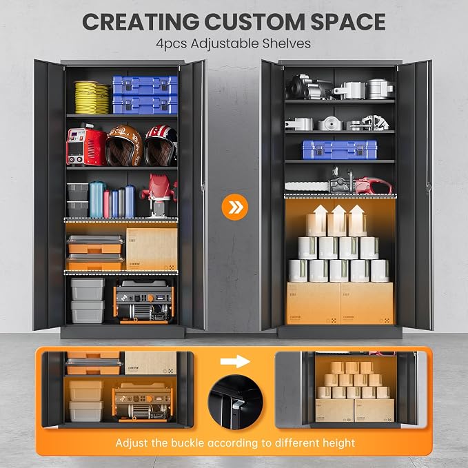 Metal Storage Cabinet with Lock,71" Black Garage Cabinet with 2 Doors and 4 Adjustable Shelves, Steel Locking Cabinets Tall Tool Storage Cabinet, Lockable File Cabinet for Home Office, Pantry