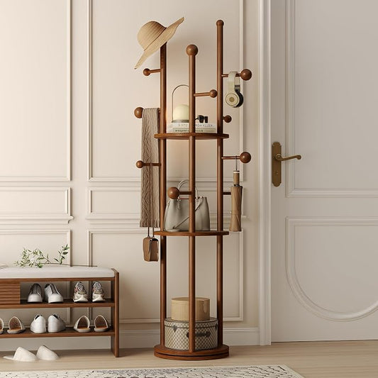 FROMJBEST Coat Rack Freestanding, Coat Tree Entryway, Mid-Century, Walnut | Freestanding, Solid Wood, 9 Hooks & 3 Shelves, for Entryway, Hallway, Bedroom, Living Room, Office, Holds Bags, Hats, Purses